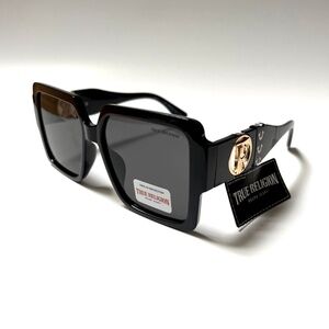 New Original TRUE RELIGION Square Sunglasses Oversized Black Gold Logo TR